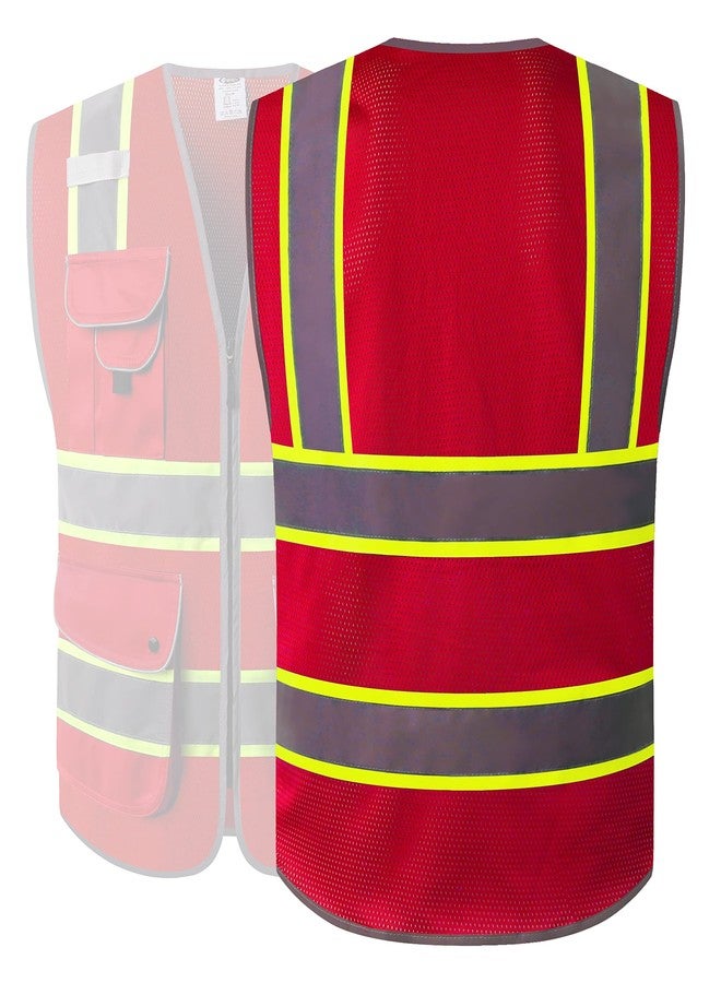 JKSafety سترة أمان شبكية أمامية بسحاب أحمر نيون عالي الوضوح من JKSafety ذات 9 جيوب وحافة صفراء فلورية ممتدة تحدد الأشرطة العاكسة، مطابقة لمعيار ANSI/ISEA (100-أحمر، 5XL). - Image 5