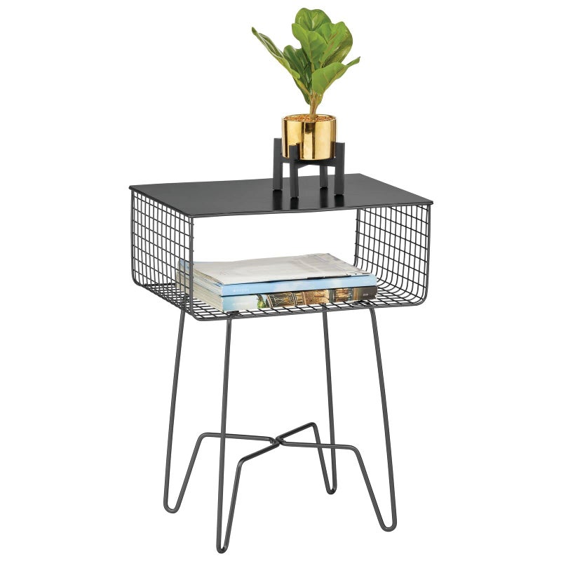 mDesign Steel Side Table Nightstand with Storage Shelf Basket for Bedroom, Living Room, Home Office; Rustic Bedside End Table, Industrial Modern Accent Furniture - Concerto Collection - Black - Image 1