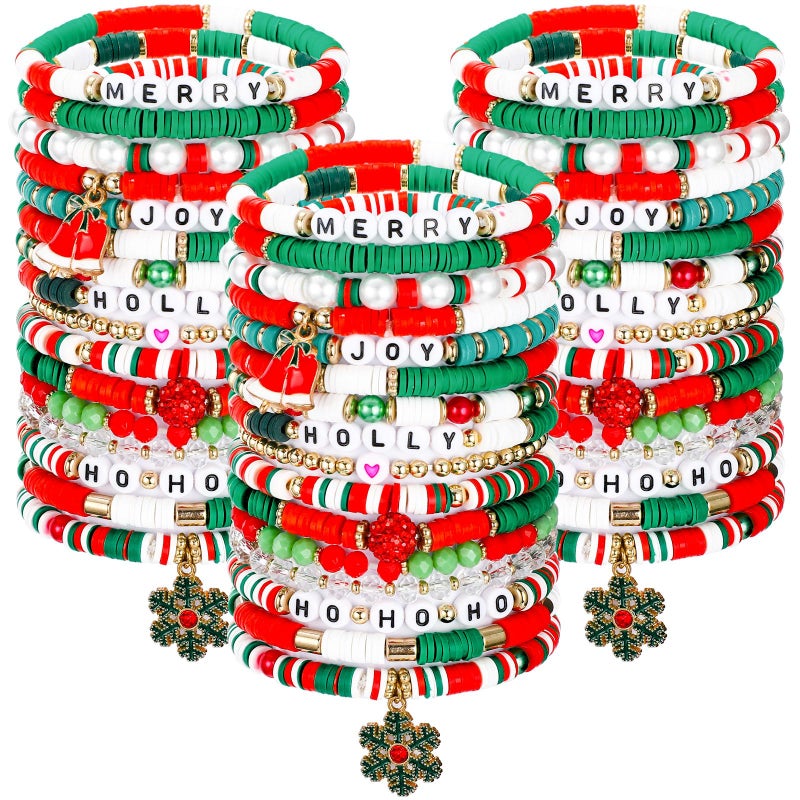 Siifert 48 Pcs Christmas Bracelets Set Stackable Heishi Surfer Bracelet Beaded Christmas Bracelets Bulk Womens Preppy Polymer Clay Stretch Bracelet for Women Party Supplies Gift - Image 2
