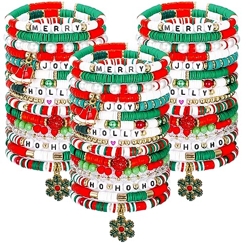 Siifert 48 Pcs Christmas Bracelets Set Stackable Heishi Surfer Bracelet Beaded Christmas Bracelets Bulk Womens Preppy Polymer Clay Stretch Bracelet for Women Party Supplies Gift - Image 1
