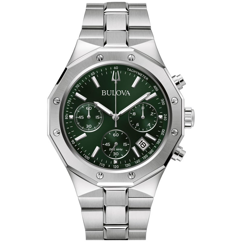 Bulova Mens Classic 6Hand Chronograph High Performance Quartz Silver Stainless Steel Watch Green DialGeometric Bezel 24 Hour Time 44mm Style96B409 - Image 2