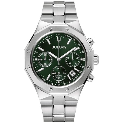 Bulova Mens Classic 6Hand Chronograph High Performance Quartz Silver Stainless Steel Watch Green DialGeometric Bezel 24 Hour Time 44mm Style96B409 - Image 1