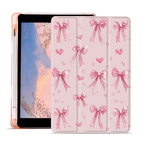 JOYLAND Aesthetic Bow Ribbon Case for iPad 9th7th8th Generation 202120202019 102 Inch with Pencil Holder Cute Pink Pink Bow Girly Cover Auto WakeSleep Foldable Shockproof Case - Image 1