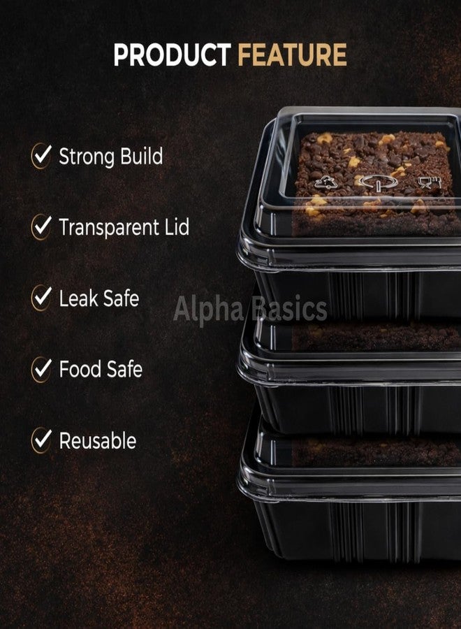 Alpha Basics Pack of 25 Black Plastic Brownie Boxes with Transparent Lid, Bakery Packaging boxes cake boxes for packing - Image 3