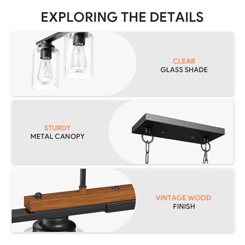 VONLUCE Dining Room Light Fixture Over Table, 4-Light Kitchen Island Lighting with Glass Shade and Adjustable Rods, Farmhouse Linear Chandelier Pendant Light for Kitchen Living Room, Matte Black - Image 4