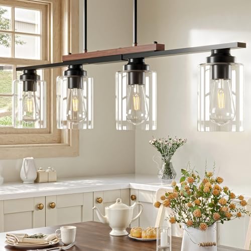 VONLUCE Dining Room Light Fixture Over Table, 4-Light Kitchen Island Lighting with Glass Shade and Adjustable Rods, Farmhouse Linear Chandelier Pendant Light for Kitchen Living Room, Matte Black - Image 1