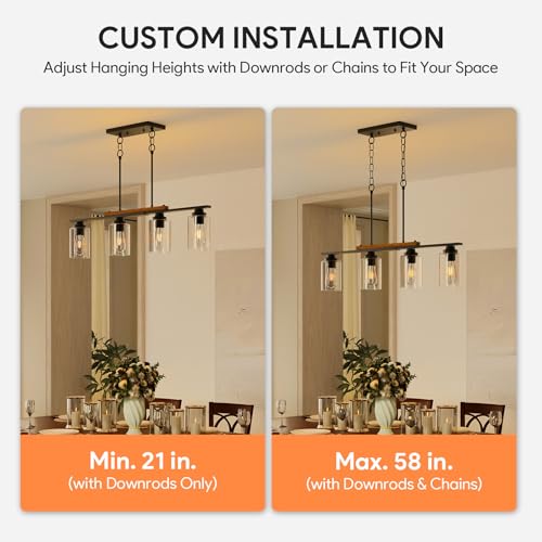 VONLUCE Dining Room Light Fixture Over Table, 4-Light Kitchen Island Lighting with Glass Shade and Adjustable Rods, Farmhouse Linear Chandelier Pendant Light for Kitchen Living Room, Matte Black - Image 2