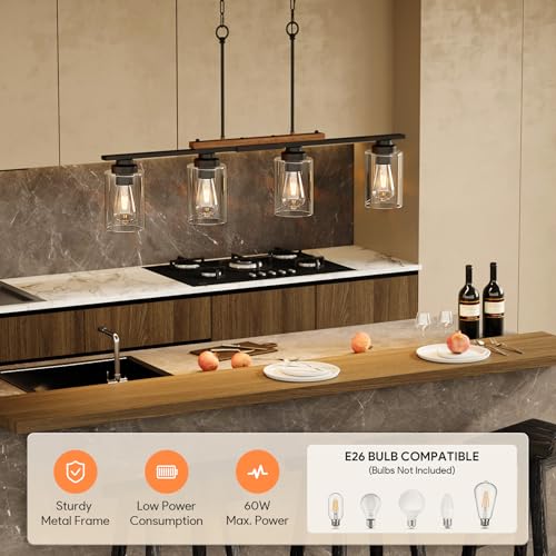VONLUCE Dining Room Light Fixture Over Table, 4-Light Kitchen Island Lighting with Glass Shade and Adjustable Rods, Farmhouse Linear Chandelier Pendant Light for Kitchen Living Room, Matte Black - Image 3