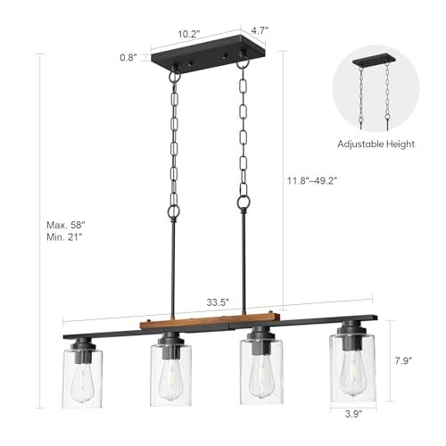 VONLUCE Dining Room Light Fixture Over Table, 4-Light Kitchen Island Lighting with Glass Shade and Adjustable Rods, Farmhouse Linear Chandelier Pendant Light for Kitchen Living Room, Matte Black - Image 5