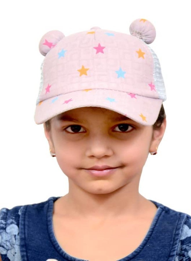 VOCADO New Vastra Lok Kids Sun Burn Protection Half net Cap for Girl with Double Pompom Beige Color for 5-8 Year Kids - Image 1