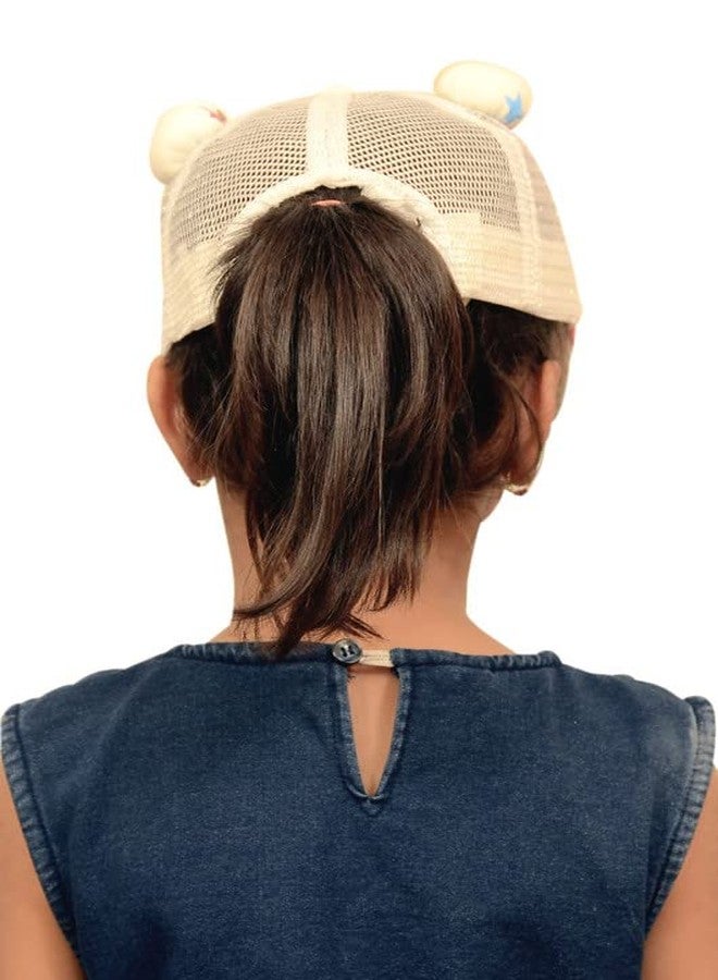 VOCADO New Vastra Lok Kids Sun Burn Protection Half net Cap for Girl with Double Pompom Beige Color for 5-8 Year Kids - Image 2