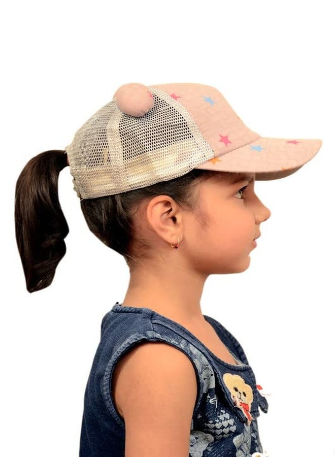 VOCADO New Vastra Lok Kids Sun Burn Protection Half net Cap for Girl with Double Pompom Beige Color for 5-8 Year Kids - Image 3