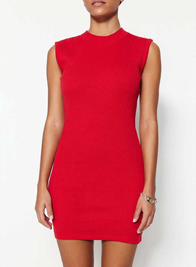 trendyol Red Body-Fitted Crew Neck Mini Ribbed Flexible Knitted Pencil Dress TWOSS22EL2819 - Image 5