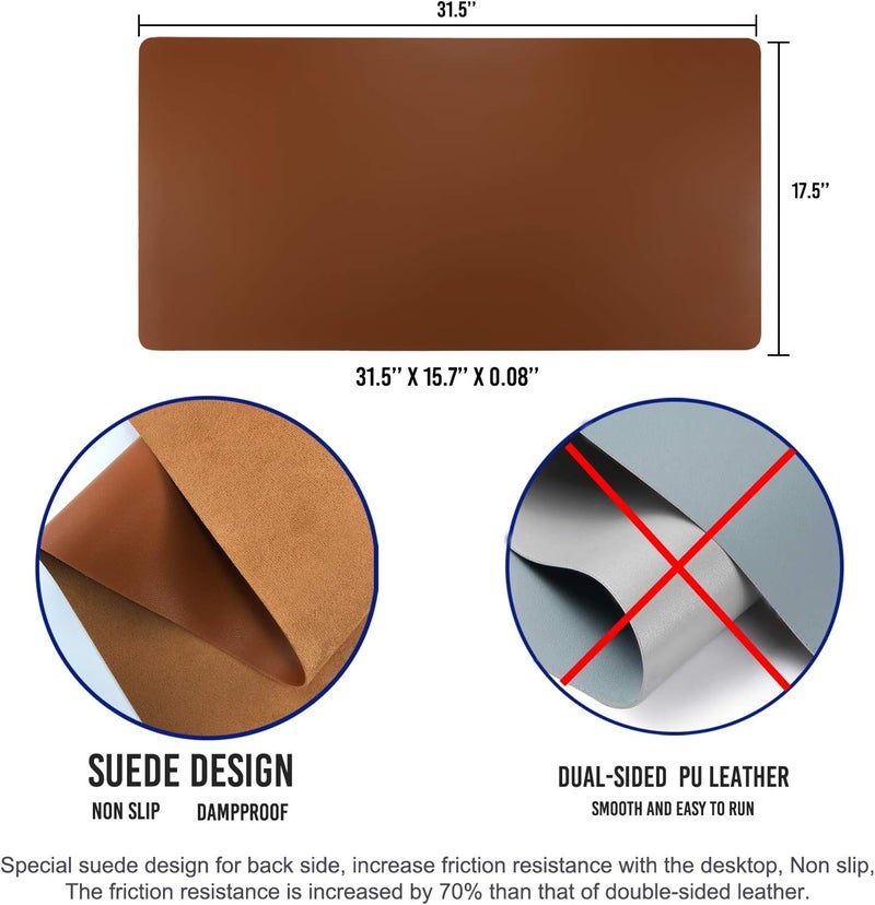Aothia Leather Desk Pad Protector, Mouse Pad, Office Desk Mat, Non-Slip PU Leather Desk Blotter, Laptop Desk Pad, Waterproof Desk Writing Pad for Office and Home (Brown,31.5" x 15.7") - Image 3