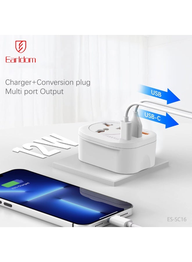 Earldom ES-SC16 Power Adapter 4-in-1 - 4000W Wall Charger with 2 USB & 1 Type-C Ports - White - Image 2