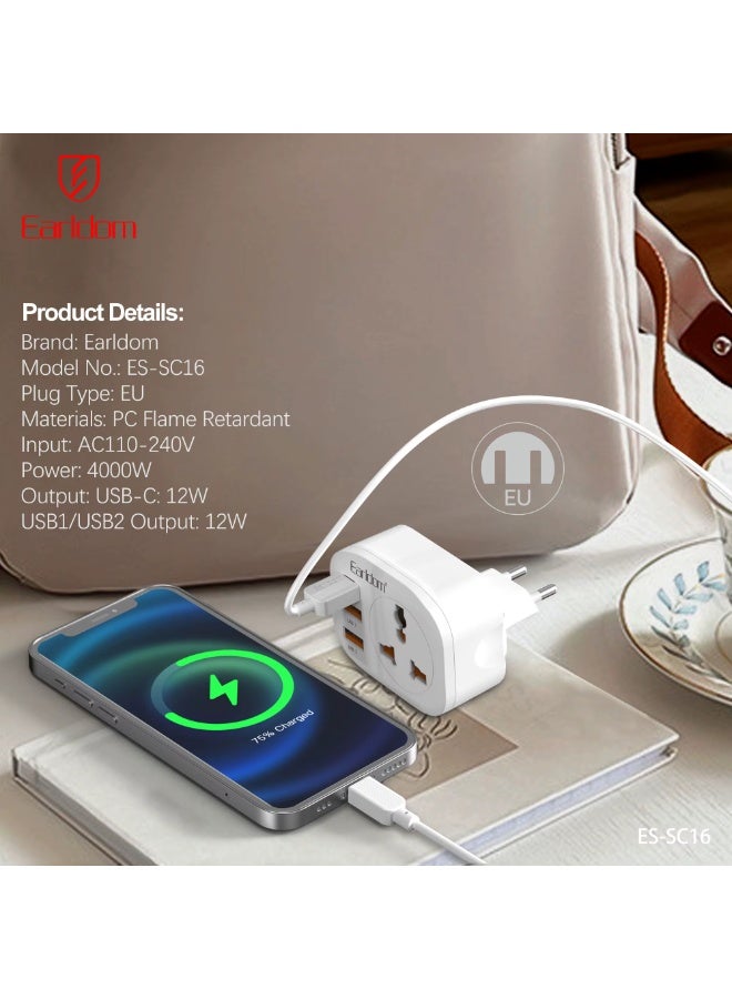 Earldom ES-SC16 Power Adapter 4-in-1 - 4000W Wall Charger with 2 USB & 1 Type-C Ports - White - Image 3