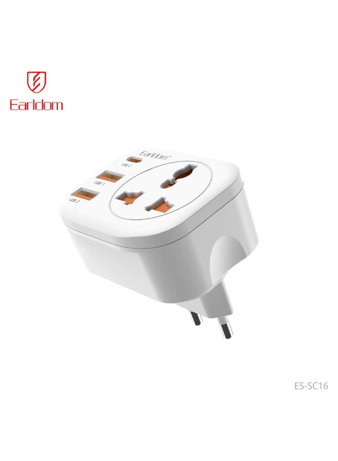 Earldom ES-SC16 Power Adapter 4-in-1 - 4000W Wall Charger with 2 USB & 1 Type-C Ports - White - Image 1
