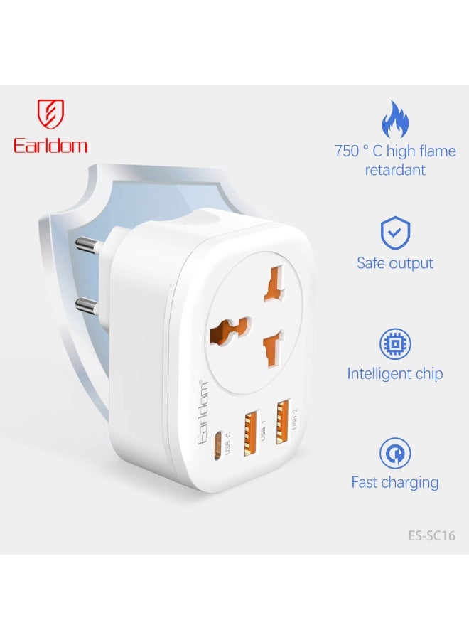 Earldom ES-SC16 Power Adapter 4-in-1 - 4000W Wall Charger with 2 USB & 1 Type-C Ports - White - Image 5