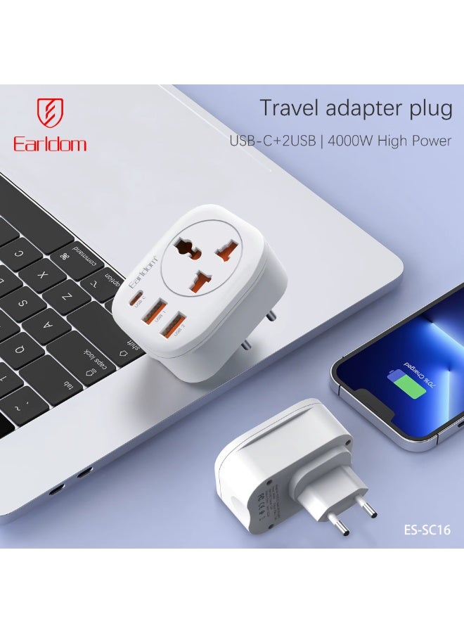 Earldom ES-SC16 Power Adapter 4-in-1 - 4000W Wall Charger with 2 USB & 1 Type-C Ports - White - Image 4