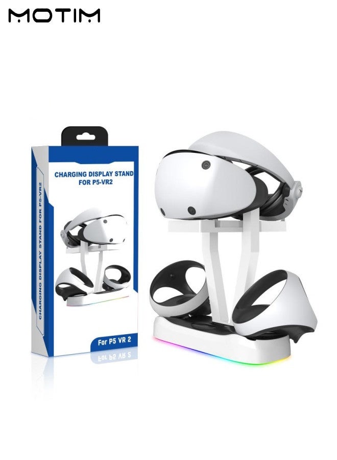 موتيم حامل شحن لـ PS5/PS5 VR2 مزود بمصباح LED RGB، حامل PS5 لدعم سماعة PS5 VR2، حامل سماعة وشاحن مزدوج لجهاز التحكم PS5 مزود بثلاثة محولات مغناطيسية لجهاز التحكم Sense - Image 1