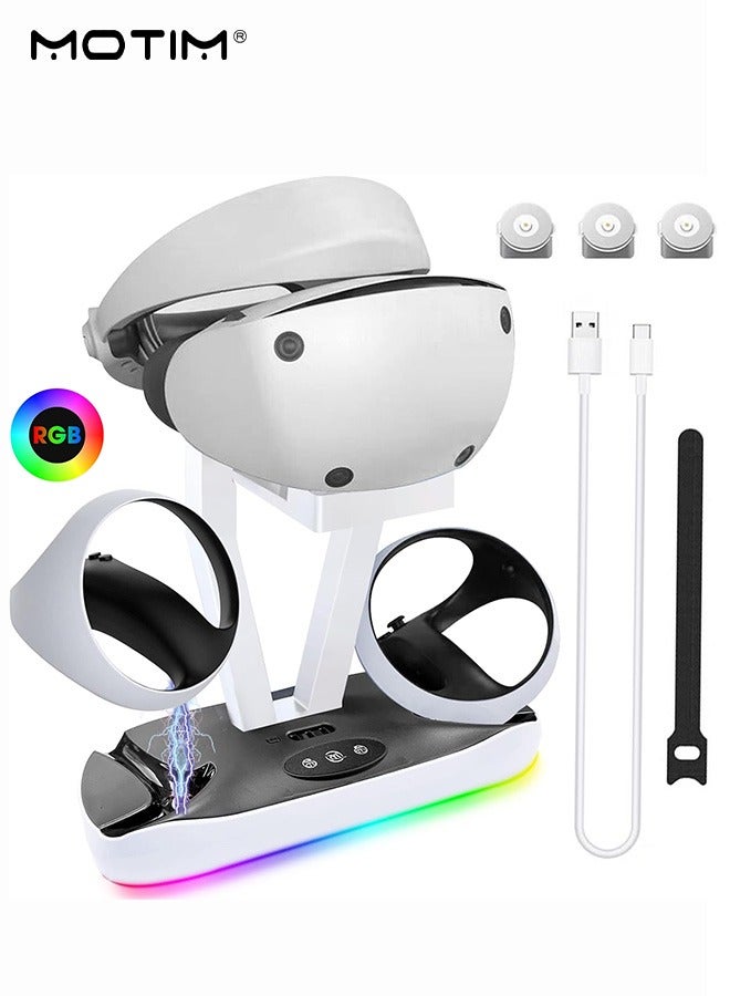 موتيم حامل شحن لـ PS5/PS5 VR2 مزود بمصباح LED RGB، حامل PS5 لدعم سماعة PS5 VR2، حامل سماعة وشاحن مزدوج لجهاز التحكم PS5 مزود بثلاثة محولات مغناطيسية لجهاز التحكم Sense - Image 2