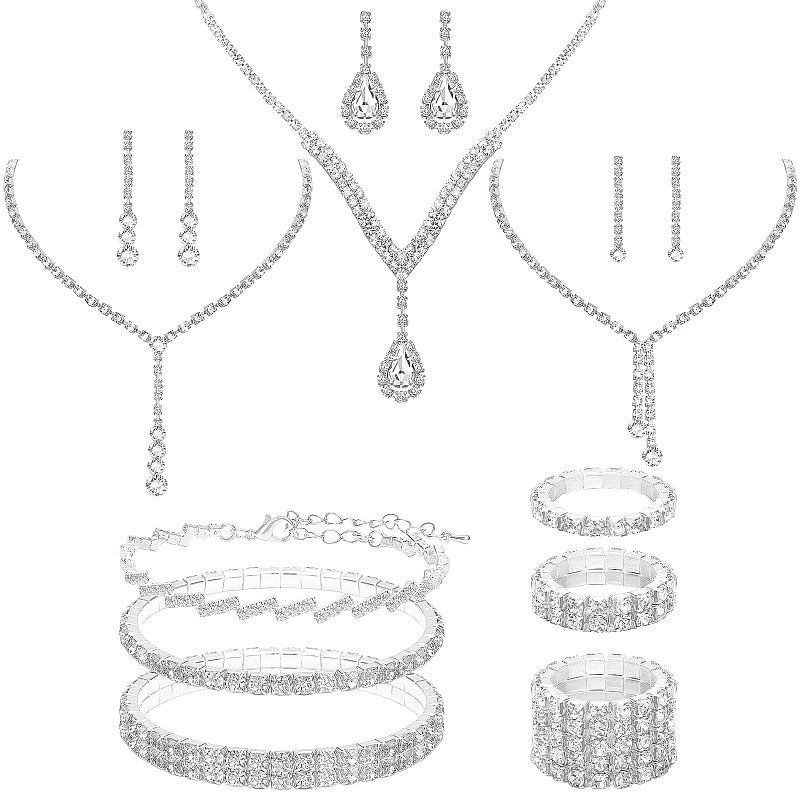 NEWITIN 15 Pieces Silver Jewelry Set for Women Prom Costume Jewels Rhinestone Crystal Necklaces Tennis Bracelets Rings Earrings Set Bridal Wedding Jewelry Sets for Brides Bridesmaid - Image 1