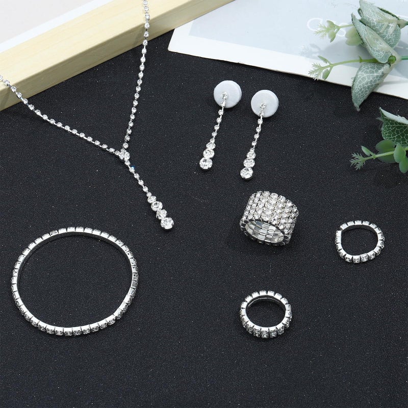 NEWITIN 15 Pieces Silver Jewelry Set for Women Prom Costume Jewels Rhinestone Crystal Necklaces Tennis Bracelets Rings Earrings Set Bridal Wedding Jewelry Sets for Brides Bridesmaid - Image 4