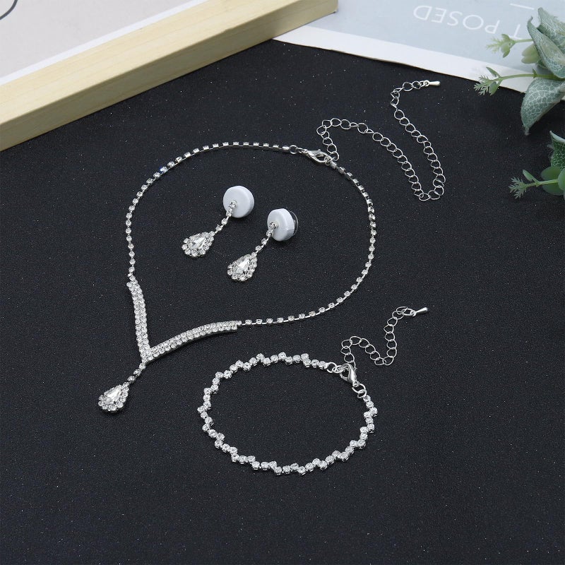 NEWITIN 15 Pieces Silver Jewelry Set for Women Prom Costume Jewels Rhinestone Crystal Necklaces Tennis Bracelets Rings Earrings Set Bridal Wedding Jewelry Sets for Brides Bridesmaid - Image 5