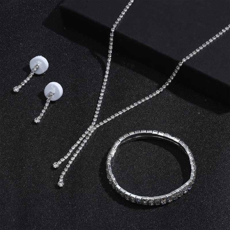NEWITIN 15 Pieces Silver Jewelry Set for Women Prom Costume Jewels Rhinestone Crystal Necklaces Tennis Bracelets Rings Earrings Set Bridal Wedding Jewelry Sets for Brides Bridesmaid - Image 3