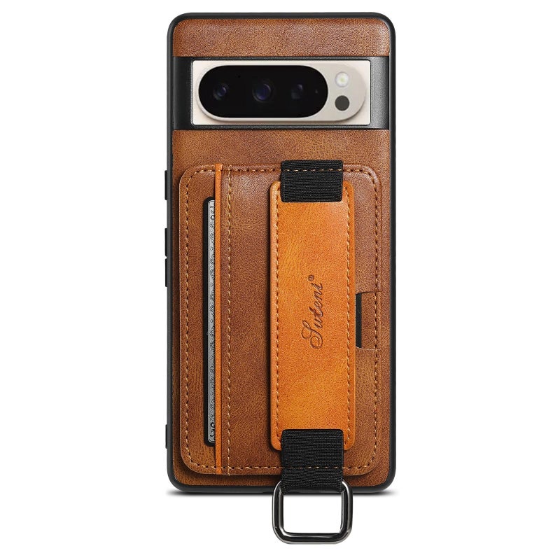 Suteni For Googel Pixel 9 H13 Card Wallet Wrist Strap Holder Pu Phone Case(Brown) - Image 1