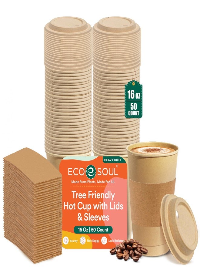 ECO SOUL 50 Pack 16 oz Disposable Coffee Cups with Lids & Sleeves Eco-Friendly, Biodegradable, Compostable, Leak-free & Sturdy To Go Hot Drink Cup for Tea, Chocolate Party Travel Cafe Office & Home - Image 1