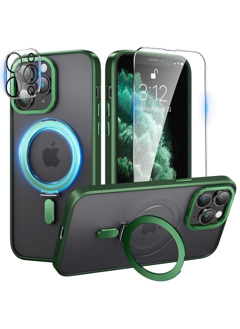 Magnetic Case for iPhone 14 Pro Max Case with Invisible Stand,Compatible with Mag Safe,Translucent Matte Case,Tempered Glass Screen Protector and Camera Lens Protector, 6.7 Inch - Green