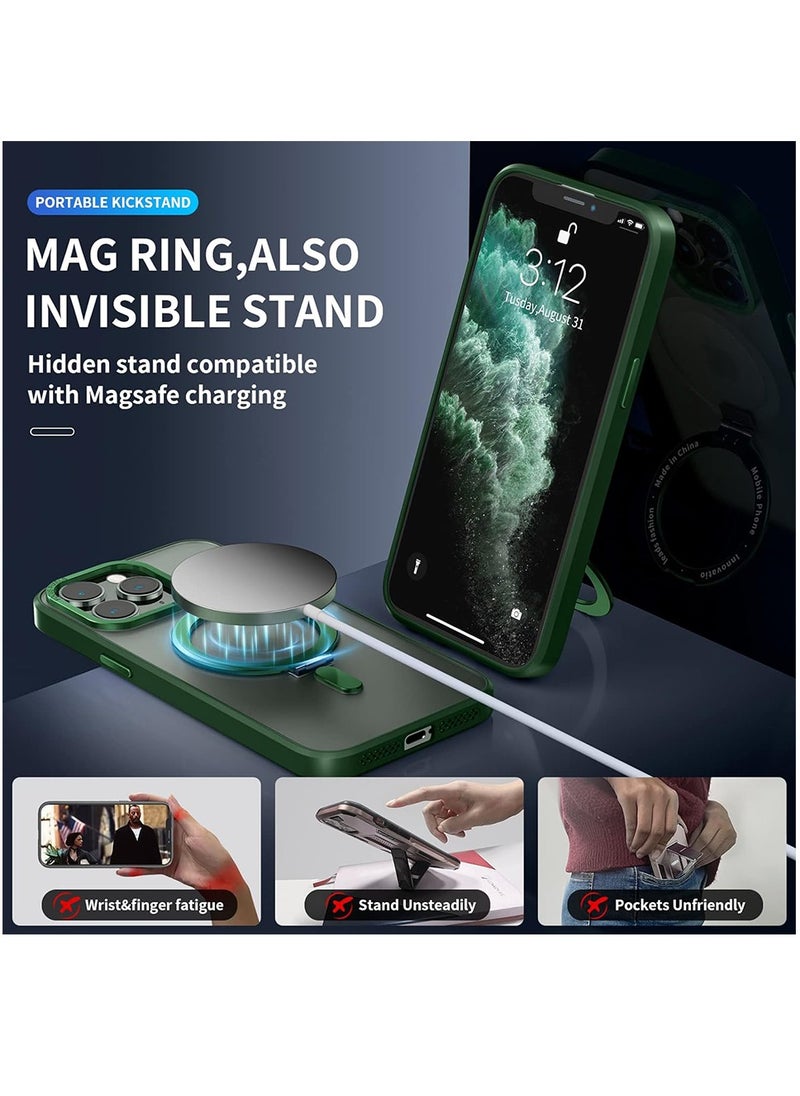 Magnetic Case for iPhone 14 Pro Max Case with Invisible Stand,Compatible with Mag Safe,Translucent Matte Case,Tempered Glass Screen Protector and Camera Lens Protector, 6.7 Inch - Green