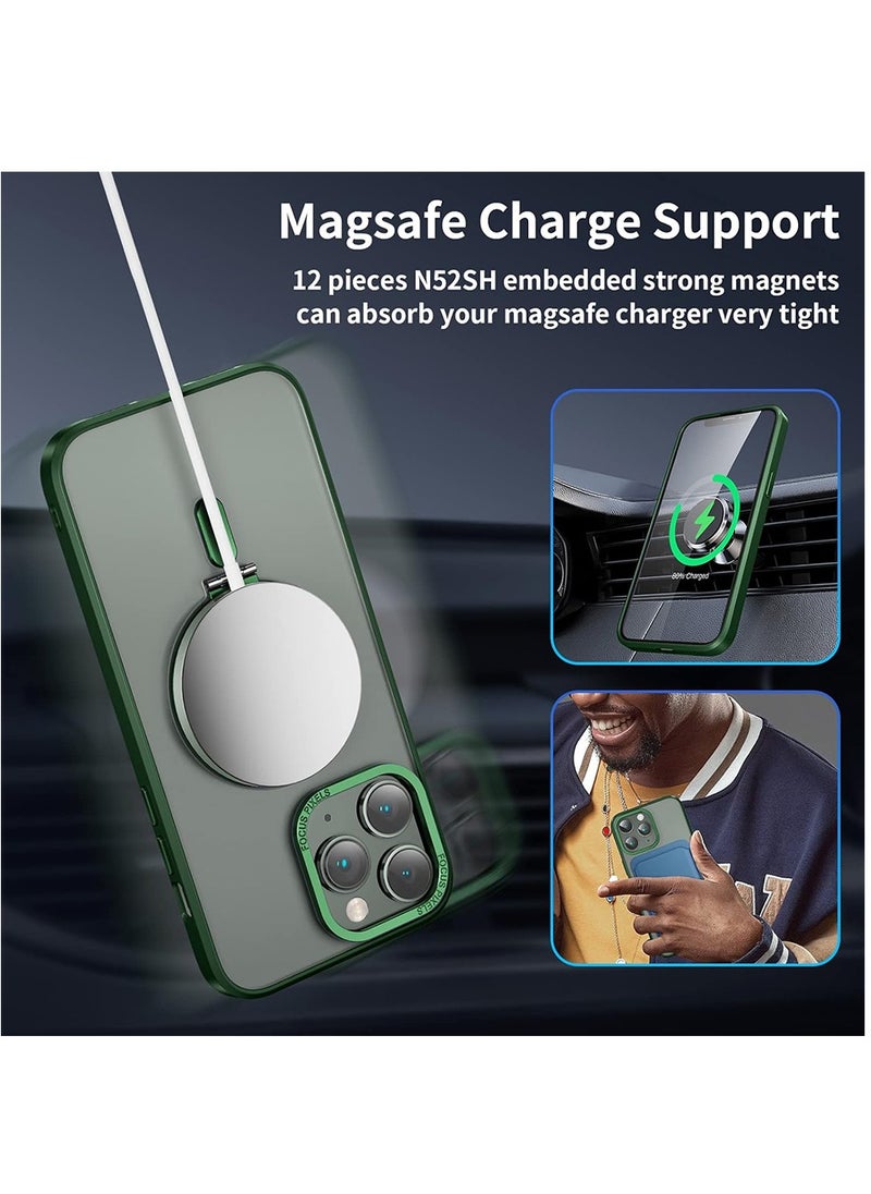 Magnetic Case for iPhone 14 Pro Max Case with Invisible Stand,Compatible with Mag Safe,Translucent Matte Case,Tempered Glass Screen Protector and Camera Lens Protector, 6.7 Inch - Green