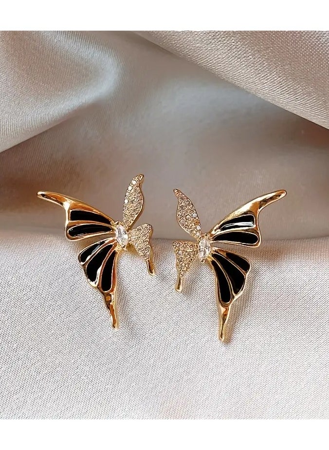 Home Clearance Sale - Golden Butterfly Earrings for Women - Asymmetrical Design Zinc Alloy Studs with Glass Inlay, Elegant Fashion Jewelry for Ages 14+, 1 Pair - Image 1