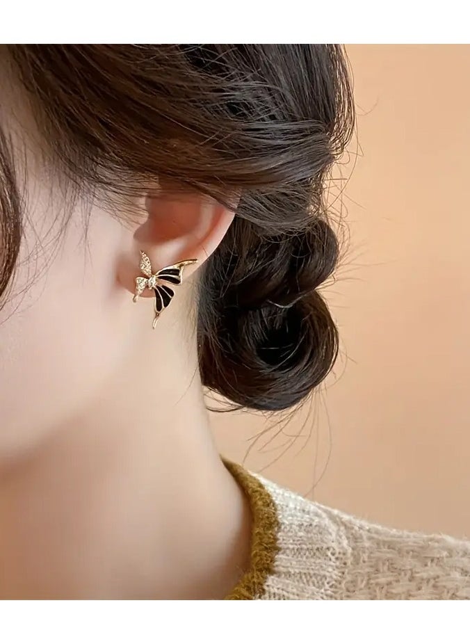 Home Clearance Sale - Golden Butterfly Earrings for Women - Asymmetrical Design Zinc Alloy Studs with Glass Inlay, Elegant Fashion Jewelry for Ages 14+, 1 Pair - Image 1