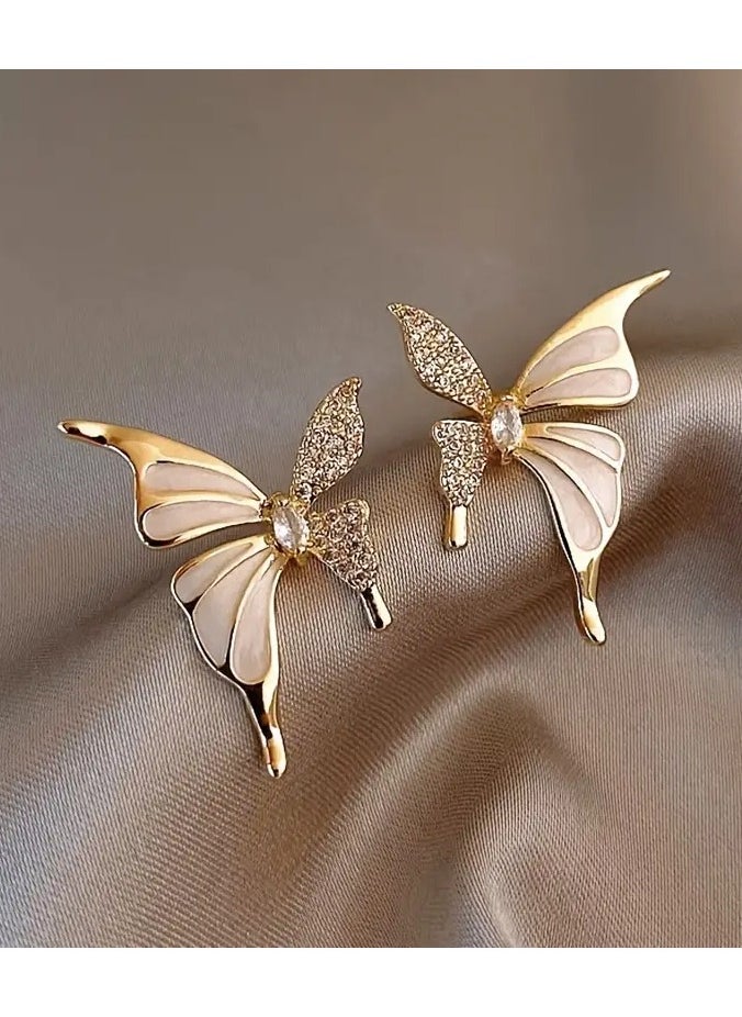 Home Clearance Sale - Golden Butterfly Earrings for Women - Asymmetrical Design Zinc Alloy Studs with Glass Inlay, Elegant Fashion Jewelry for Ages 14+, 1 Pair - Image 1