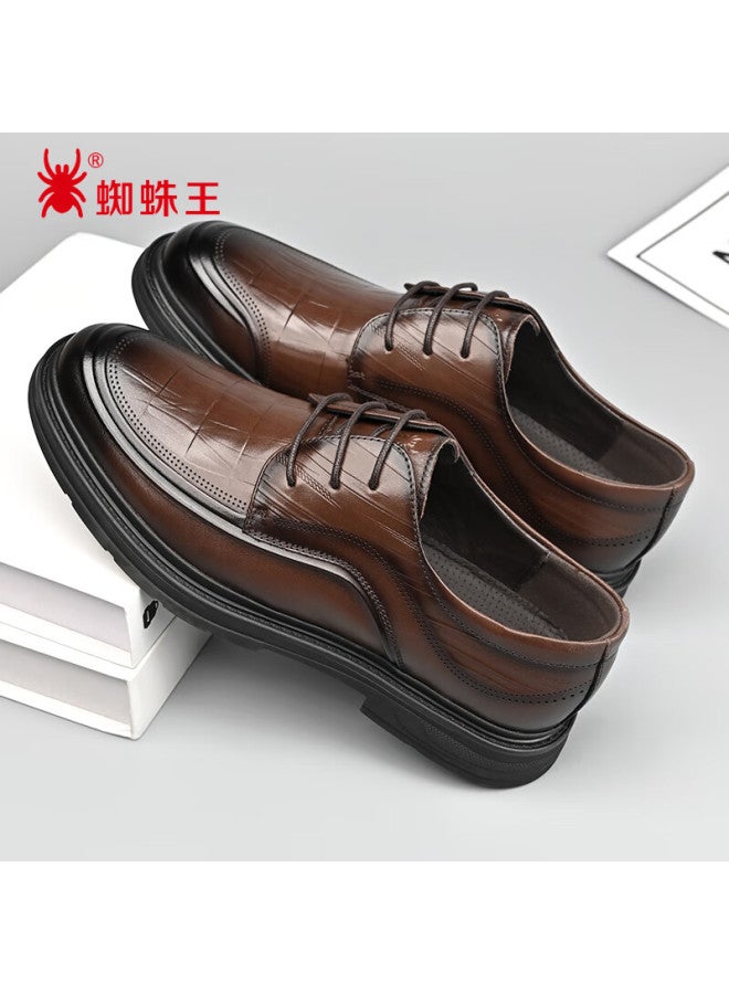 Spider King Men's Leather Derby Dress Shoes, Business Formal, Embossed Cowhide, Lace-up, Brown, Size 40, Spring And Autumn