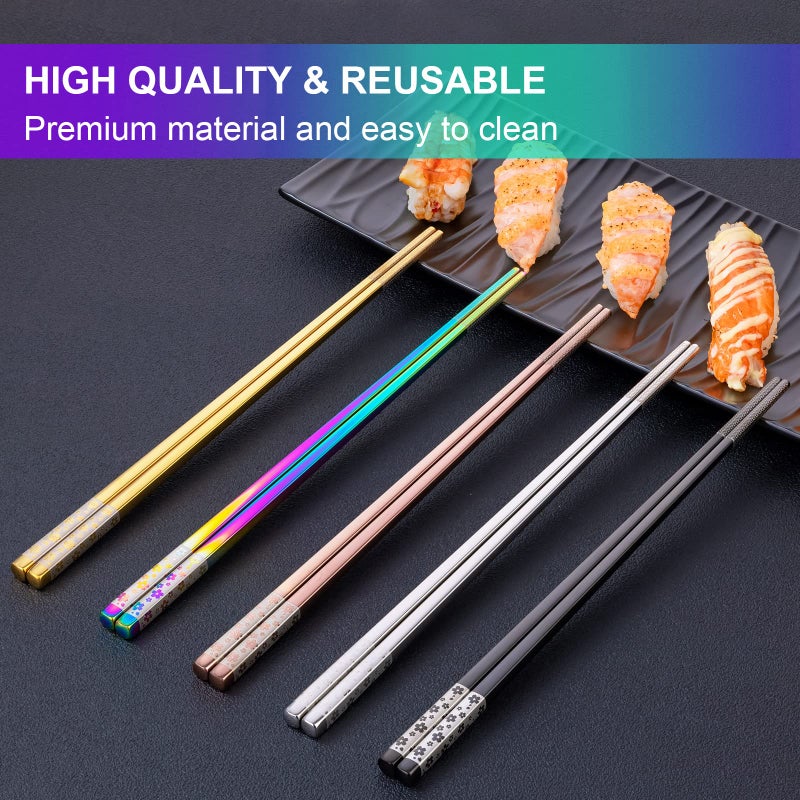 FOFAYU Metal Chopsticks Reusable 5 Pairs Multicolor Stainless Steel Chopsticks Dishwasher Safe Square Lightweight Non-Slip Chop Sticks Present Set - Image 4