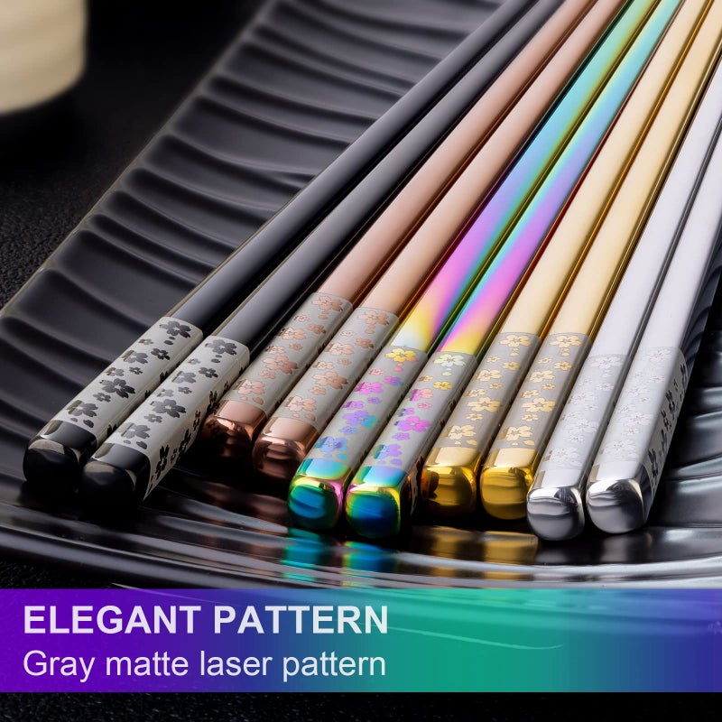 FOFAYU Metal Chopsticks Reusable 5 Pairs Multicolor Stainless Steel Chopsticks Dishwasher Safe Square Lightweight Non-Slip Chop Sticks Present Set - Image 3
