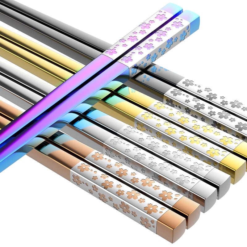 FOFAYU Metal Chopsticks Reusable 5 Pairs Multicolor Stainless Steel Chopsticks Dishwasher Safe Square Lightweight Non-Slip Chop Sticks Present Set - Image 1