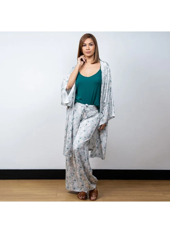 Aadaraya Aadaraya Floral Print Open Front Kaftan with Wide Leg Pants and Camisole Set