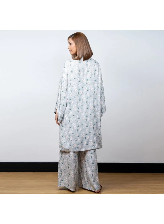 Aadaraya Aadaraya Floral Print Open Front Kaftan with Wide Leg Pants and Camisole Set