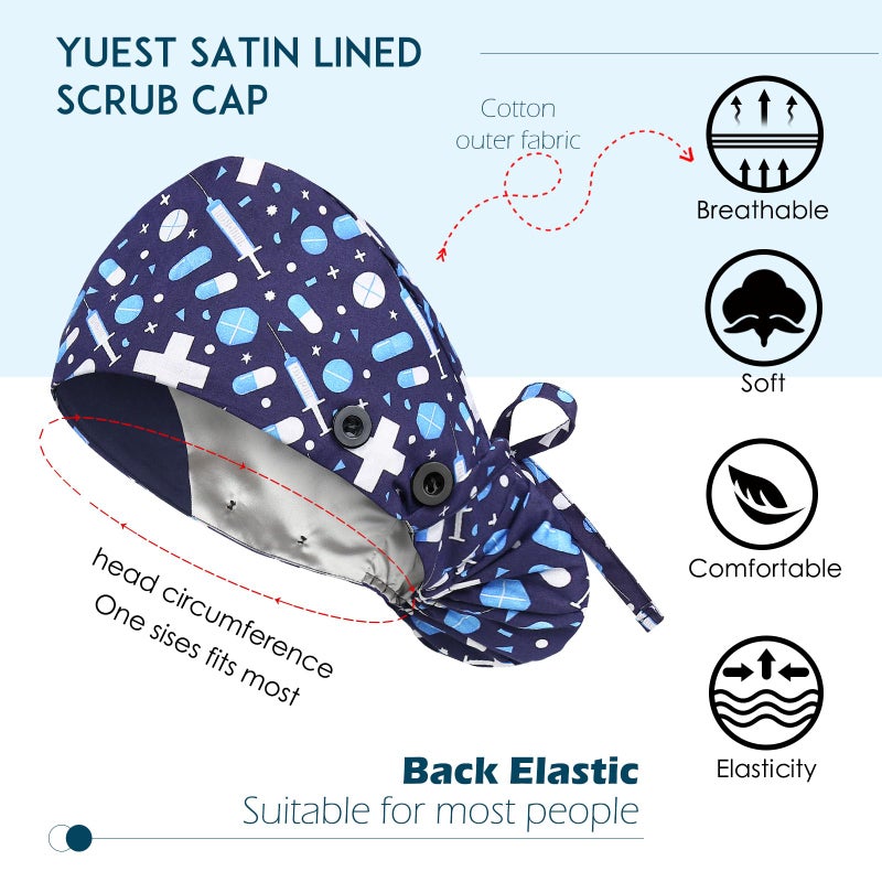Yuest Satin Lined Scrub Caps with Buttons & Sweathand, Surgical Caps for Women - Image 2