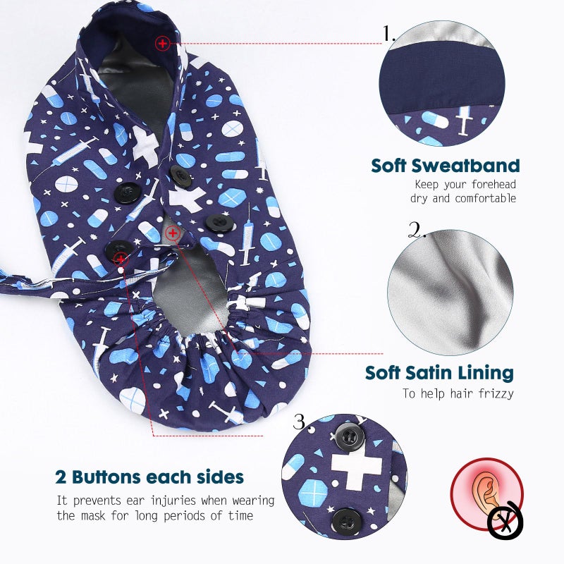 Yuest Satin Lined Scrub Caps with Buttons & Sweathand, Surgical Caps for Women - Image 3