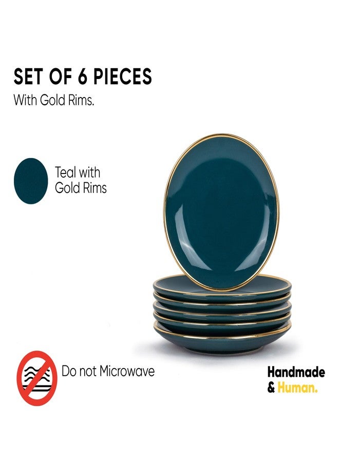 Shay طقم أطباق شاي سيراميك ربعية، 6 قطع، سلسلة جولدلاين باللونين الأزرق المخضر والذهبي | لمسة نهائية لامعة | طقم أطباق للوجبات الخفيفة، 6 قطع | أطباق للحلويات | طبق للوجبات الخفيفة | أطباق صغيرة (أطباق ربعية - أزرق مخضر وذهبي) - Image 2