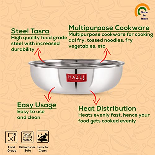 HAZEL Stainless Steel Kadai Without Handle | 1000 ml Steel Kadai | Stainless Steel Cookware & Serveware | Multipurpose Tasra for Daily Use - Image 3