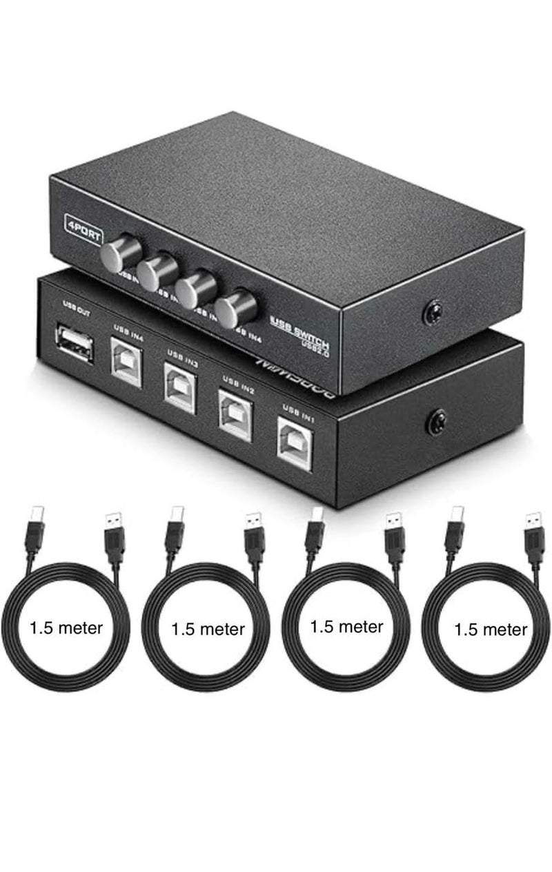 WiredCom Printer Sharing USB Switch 4 Ports | USB 2.0 Switch Selector Box | 4 Pcs usb printer cable, for PC, Computer, Printer, Scanner (1.5 meter) - Image 1