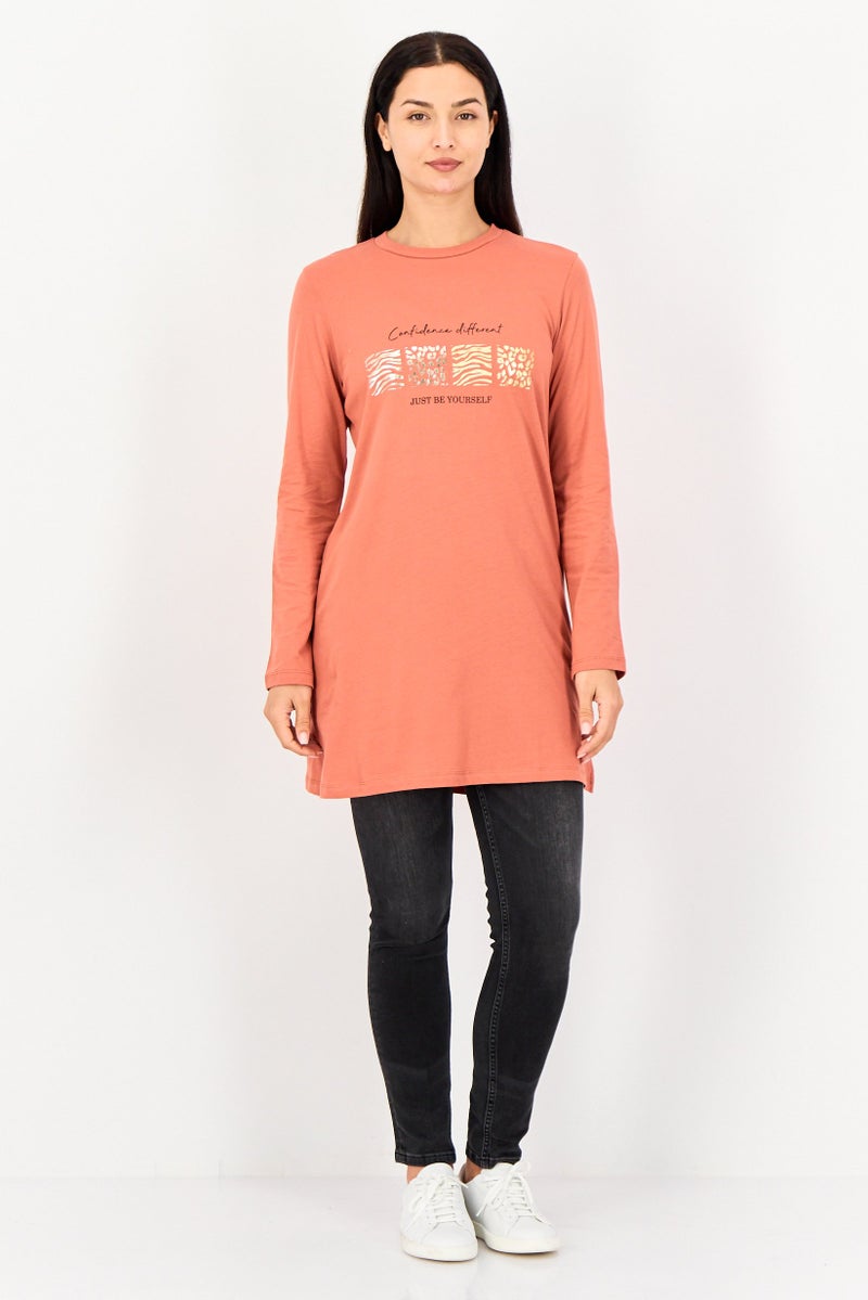 DeFacto Women Crew Neck Long Sleeve Graphic Print Tunic Top, Rust - Image 3