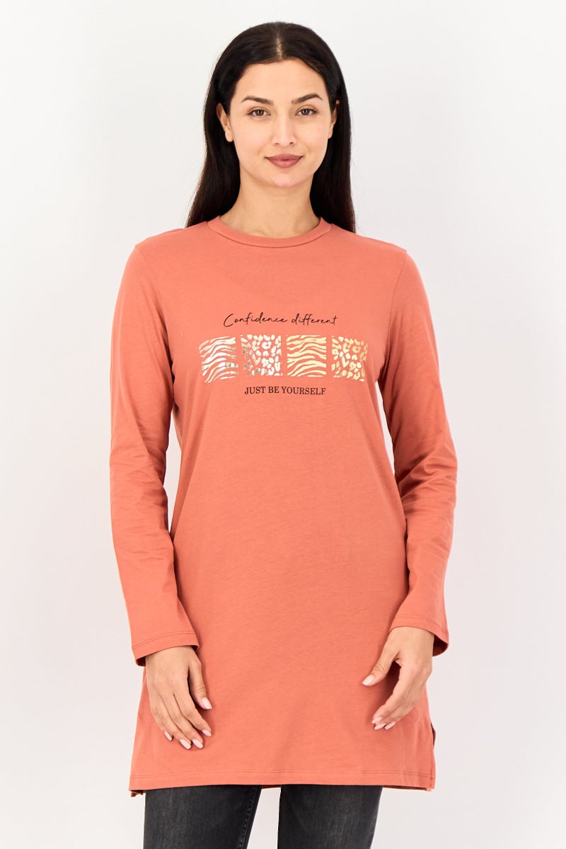 DeFacto Women Crew Neck Long Sleeve Graphic Print Tunic Top, Rust - Image 1